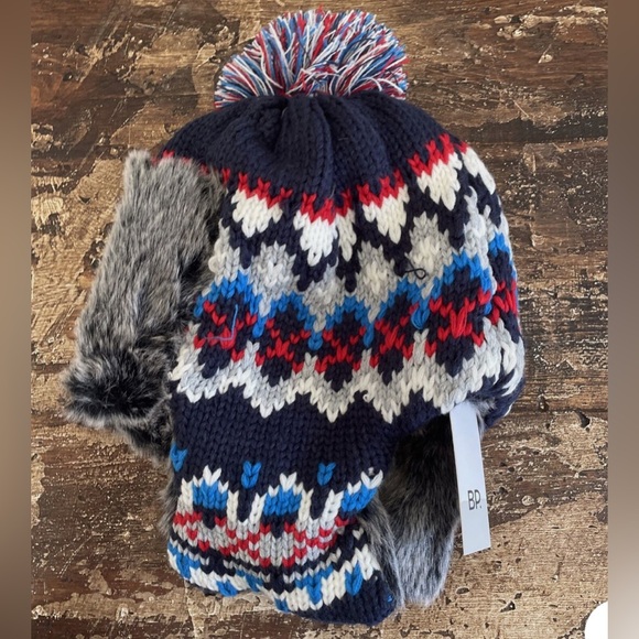 BP Nordstrom Fair Isle Faux Fur Trapper Knit Hat In Blue Multi Color, O/S. NWT - Picture 3 of 6
